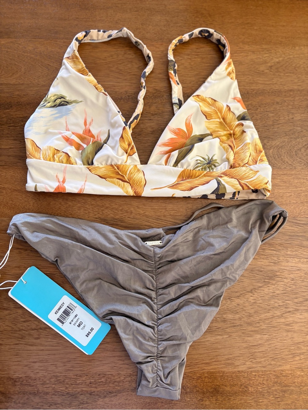 Beach Bunny Floral Leaf Print Bikini Top with Taupe Ruched Bottom